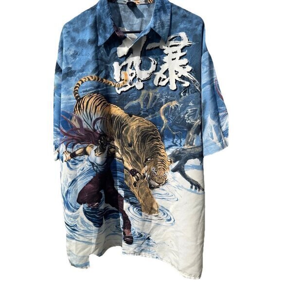 Vintage Billion Bay Men’s Sz L Button Tiger Anime Print Blue Brown Short Sleeve - Picture 1 of 11